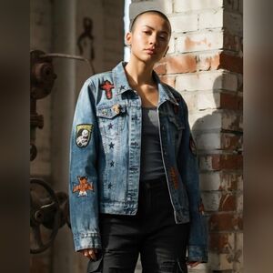 Edgy Upcycled Denim Biker Jacket